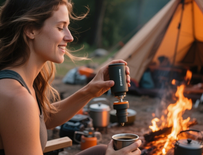 Outdoor enthusiast making fresh espresso with a Wacaco Nanopresso GR at a campsite