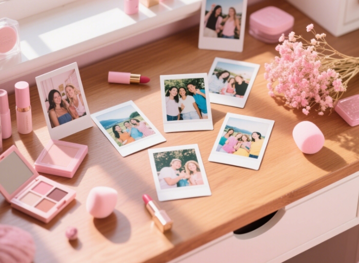 Overhead shot of vanity with Polaroids, makeup brushes, and fresh flowers