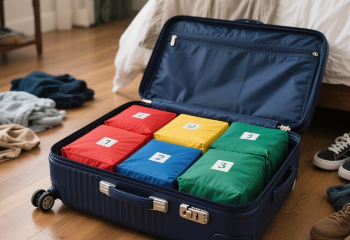 Packing cubes organizing clothes inside a travel suitcase
