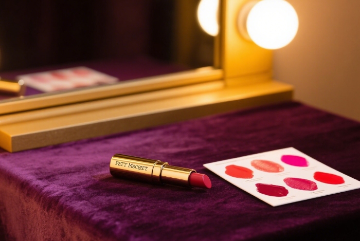 Pat McGrath lipstick tube rolling on velvet with bold swatch