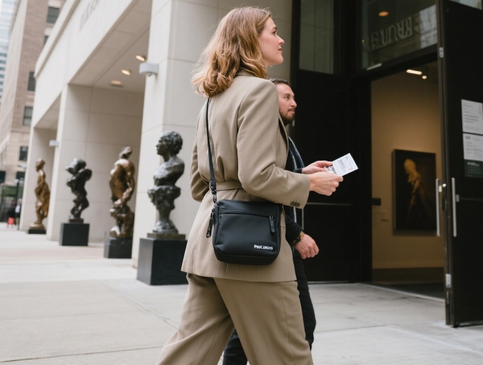 Peak Design sling bag worn crossbody in an urban setting