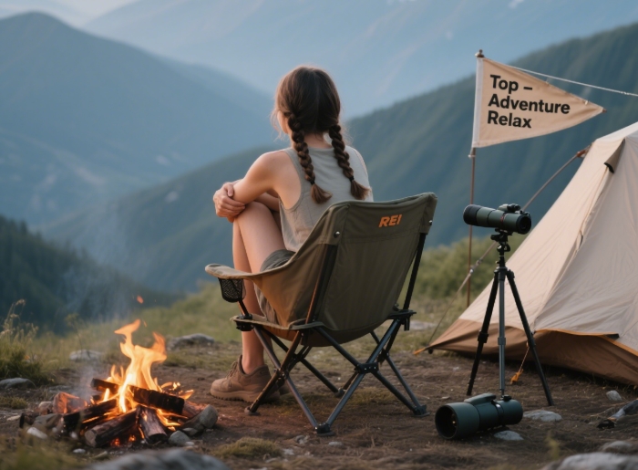 Person relaxing in a REI Flexlite chair by a campfire