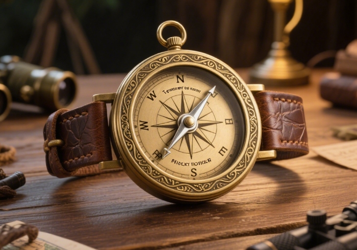 Personalized engraved brass compass for hikers with name and adventure motto, rustic leather strap