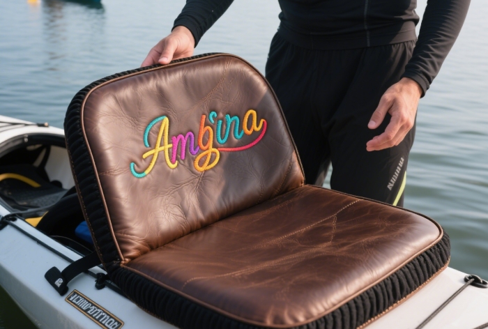 Personalized kayak seat cushion with bright embroidered initials for comfortable paddling adventures