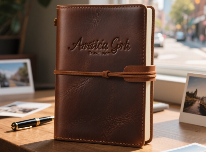 Personalized leather travel journal with embossed name for documenting adventures