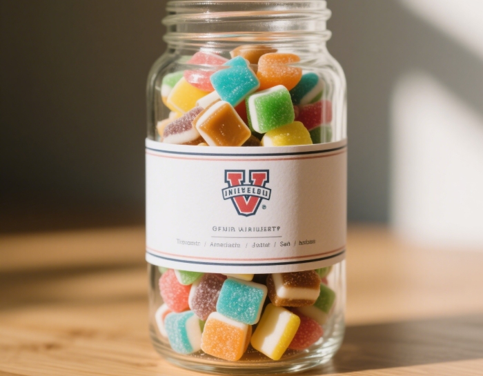 Personalized mason jar filled with college-themed candy and a chalkboard label.
