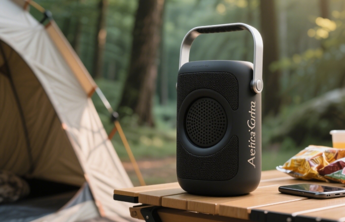 Personalized portable Bluetooth speaker engraved with name for travel adventures