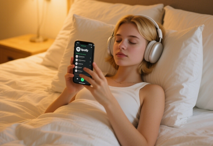 Phone playing Spotify playlist with headphones on pillow