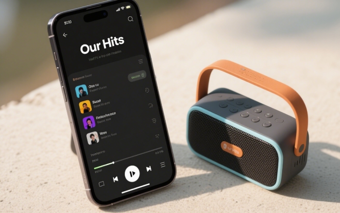 Phone showing a personalized playlist Our Songs next to a Bluetooth speaker, romantic anniversary music gift for long-distance girlfriend