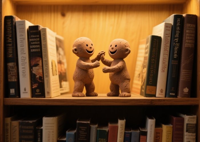 Playful clay figurines of a couple mid-tickle fight on a bookshelf