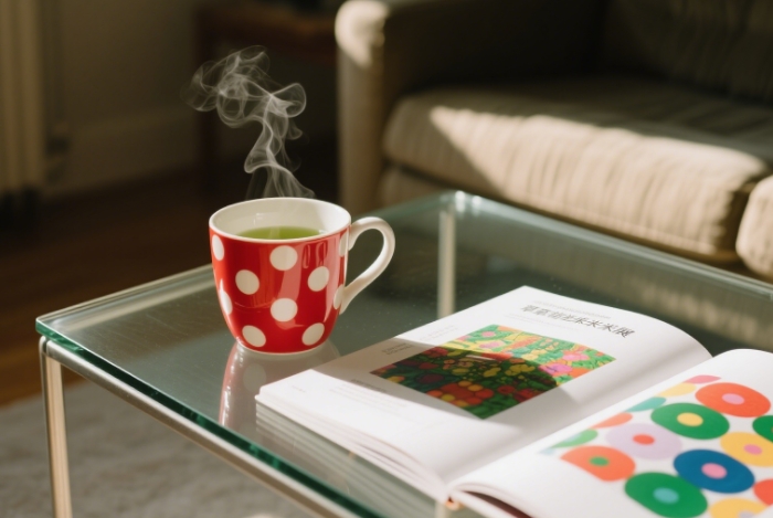 Polka-dot ceramic mug steaming with green tea beside open Kusama exhibition catalog