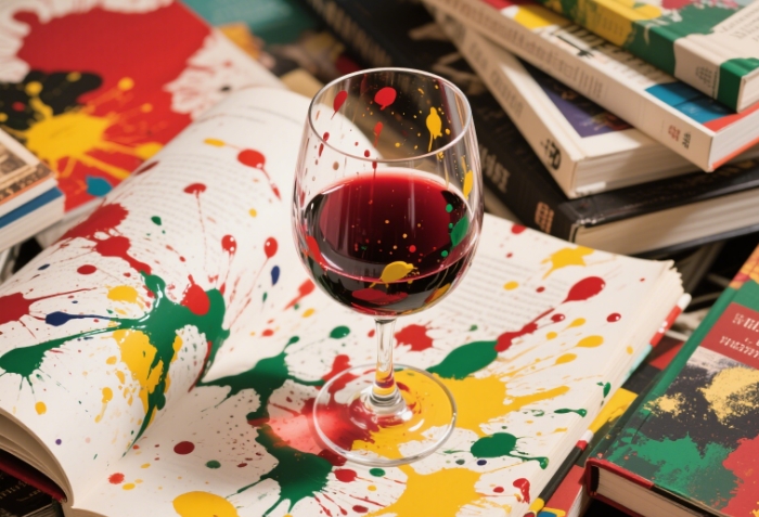 Pollock-style splatter wine glasses half-filled with cabernet, placed on stack of art theory books