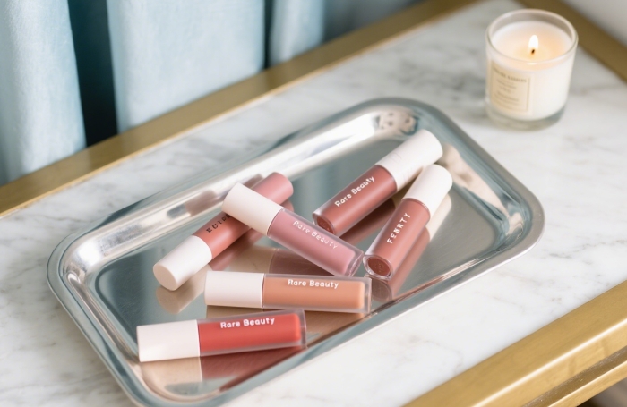 Popular velvet lip tints (Rare Beauty, Fenty) spilled on marble background