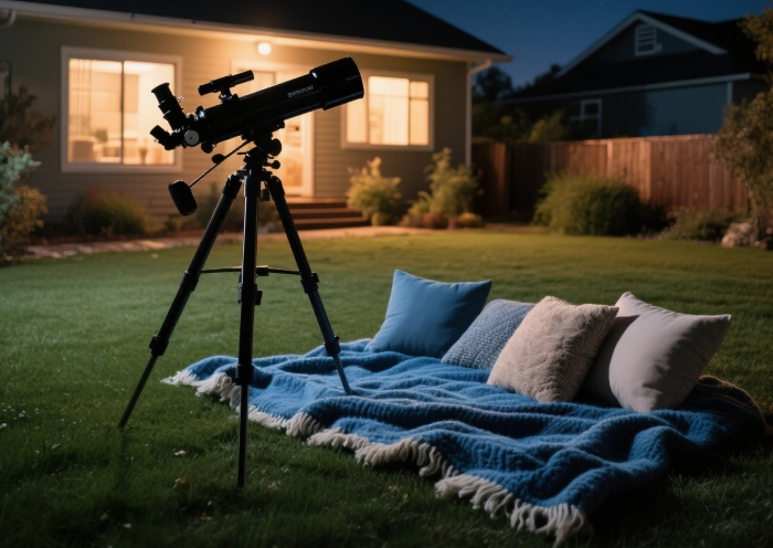 Portable telescope and cozy blanket set up on grass for stargazing