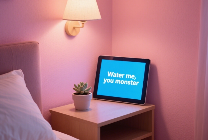 Pot with succulent + digital screen saying Water me, you monster