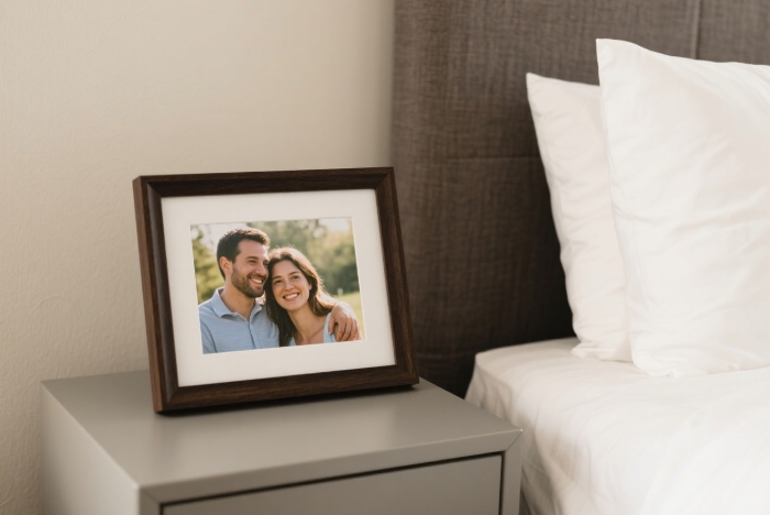 Pre-loaded digital photo frame displaying romantic memories as a thoughtful gift