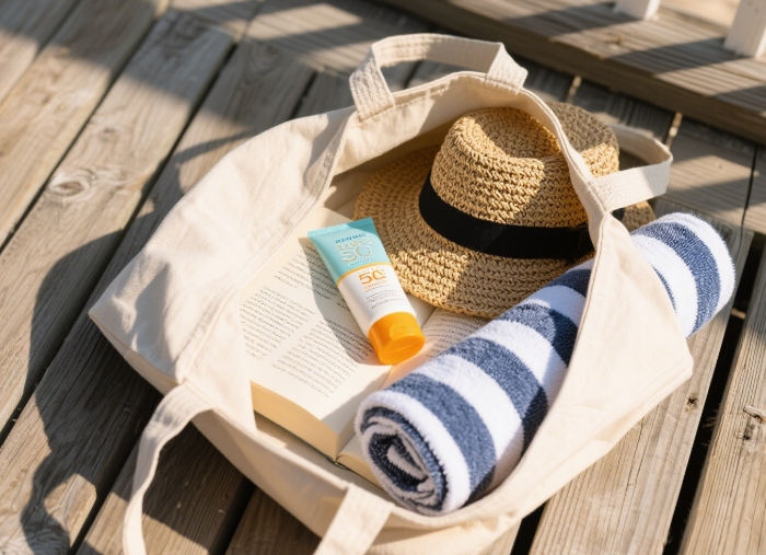 Pre-packed luxury beach tote bag with sunscreen hat towel for her - practical romantic seaside gift