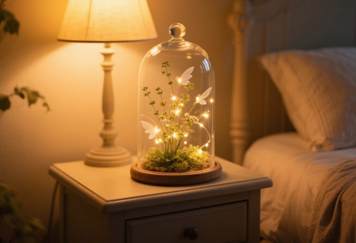 Preserved baby's breath under a bell jar with twinkling fairy lights