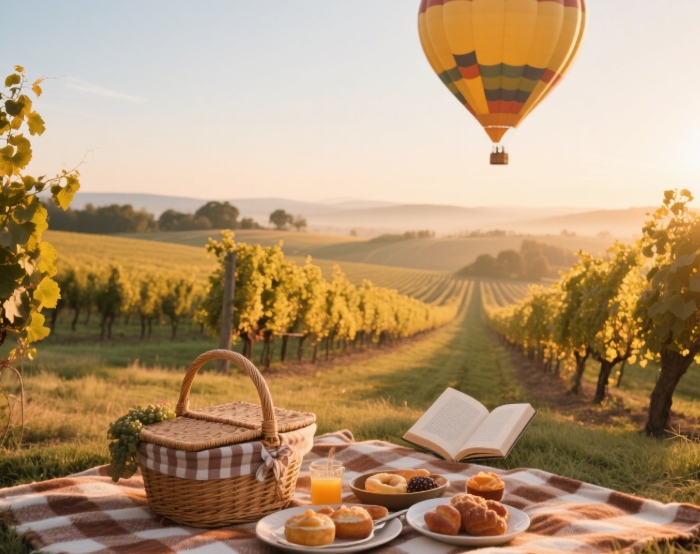 Private Napa hot air balloon couple sunrise picnic with champagne basket over vineyards - romantic getaway gift experience