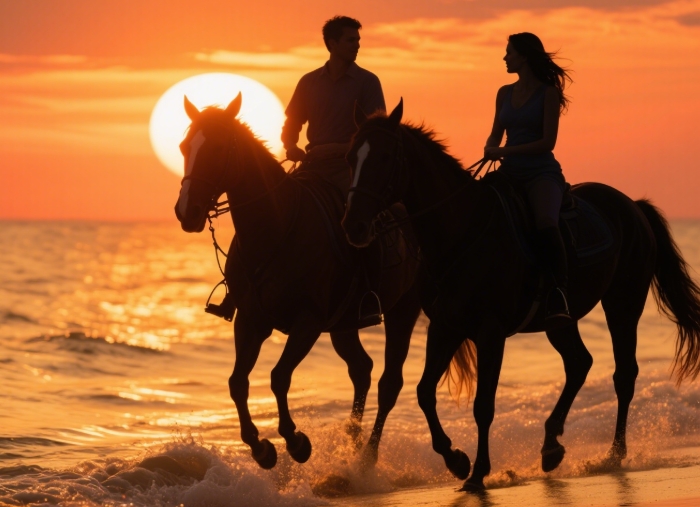 Private couples horseback riding on beach at sunset Florida Keys romantic getaway gift experience