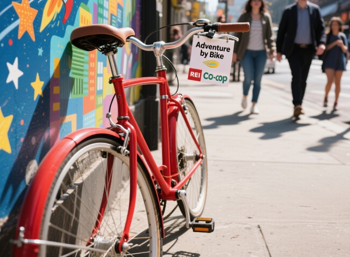 REI Co-op bike leaning against a colorful city mural