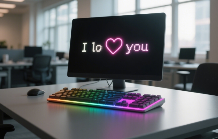 RGB keyboard lighting up HEART emojis when typing I love you