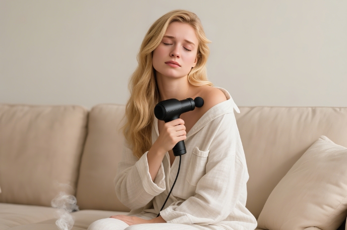 Relaxed woman using percussion massage gun on shoulders on couch