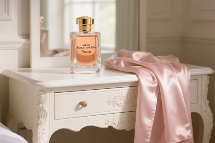 Replica of Maison Francis Kurkdjian Baccarat Rouge bottle beside a silk robe