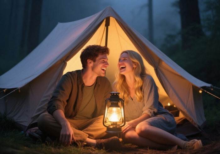 Romantic camping gifts couple enjoying lantern light in a tent