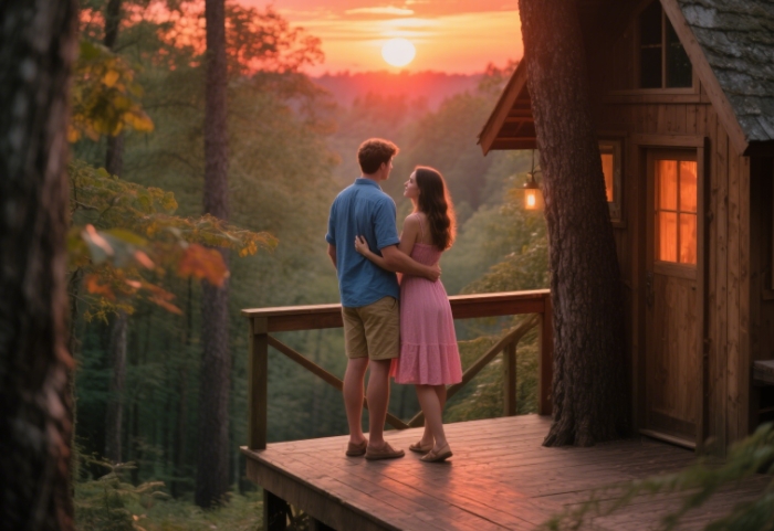 Romantic luxury treehouse getaway for anniversary celebration.