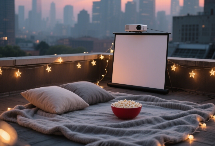 Romantic private rooftop movie night setup gift with projector for adventurous city date 2025