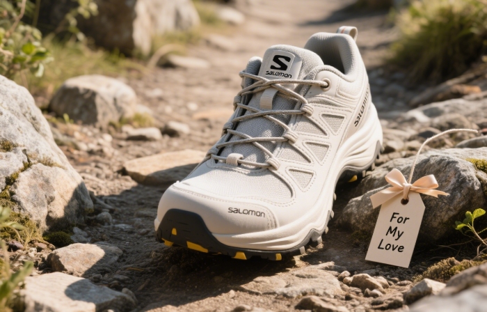 Salomon Speedcross hiking shoes gripping a rocky trail surface