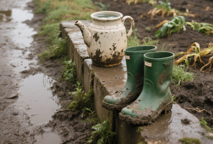 Scratched Hydro Flask full of water next to muddy boots