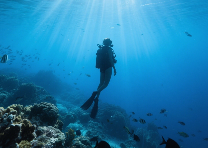 Scuba diver underwater with sunlight rays - adventurous anniversary gift certification