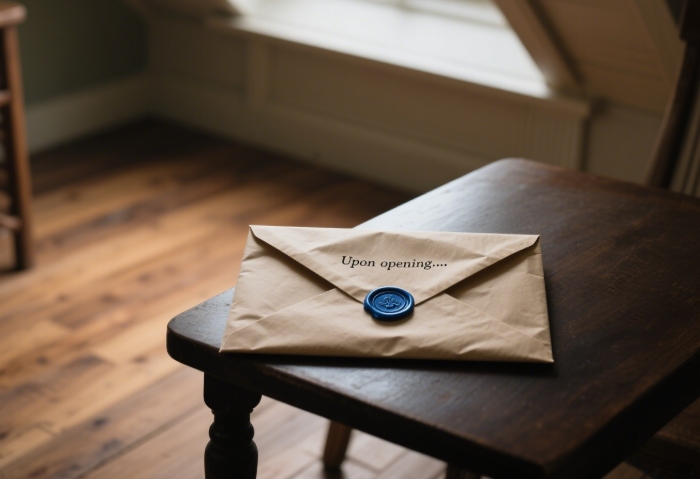 Sealed aged paper envelope with wax seal, Open when... written