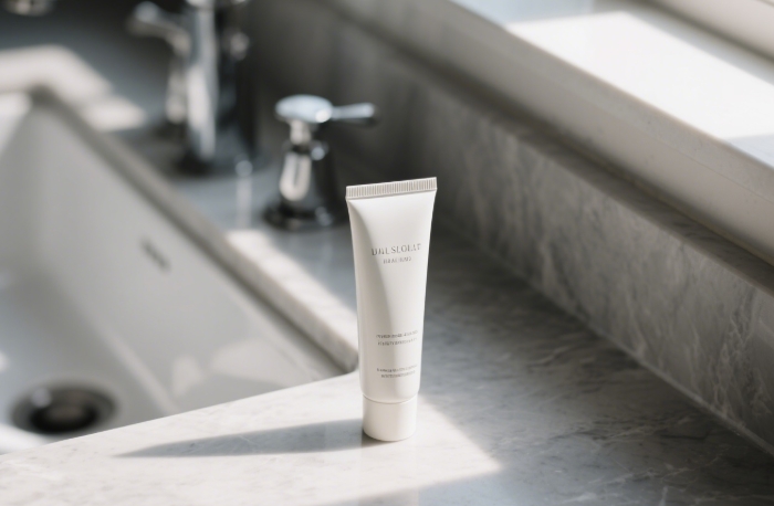 Simple packaging luxury unscented hand cream bottle beside minimalist bathroom sink