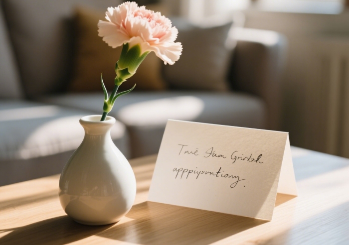 Single elegant pink peony in a minimalist vase with a handwritten apology note on textured paper, conveying simple sincerity
