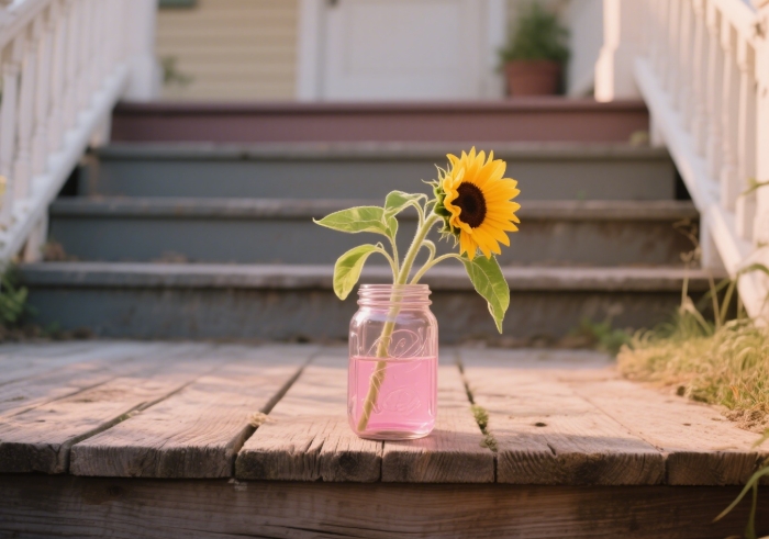 Single sunflower in mason jar on doorstep at dawn