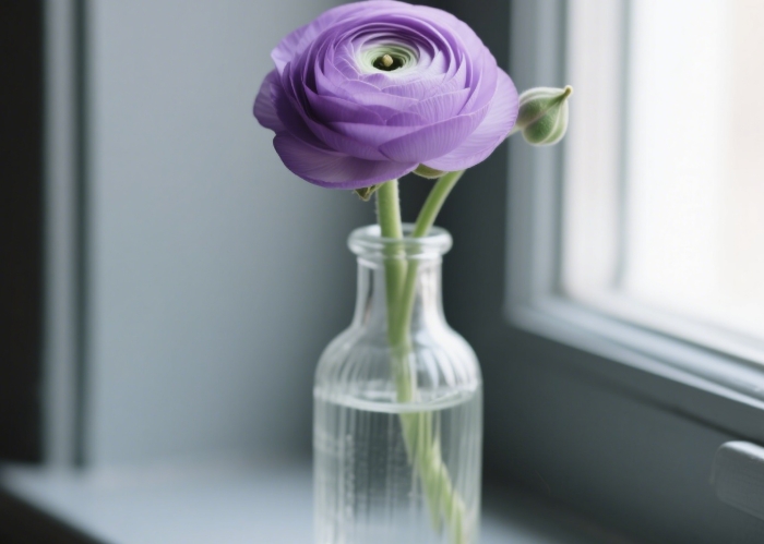 Single white tulip in a simple clear glass minimalist vase on sunny windowsill