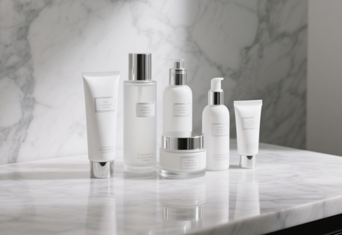 Skincare set neatly arranged on marble surface, minimalist aesthetic