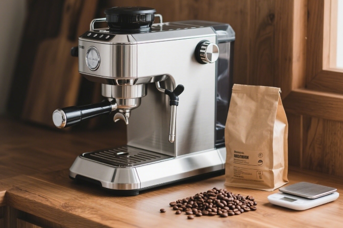 Sleek espresso machine or pour-over coffee maker with fresh beans