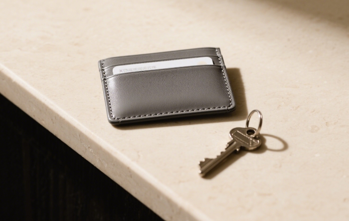 Slim minimalist leather card holder holding few cards beside a single house key