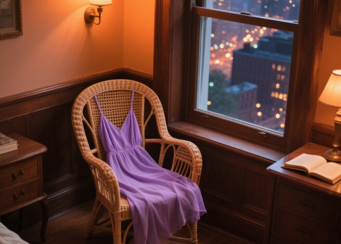 Slip dress draped over chair, city lights through window