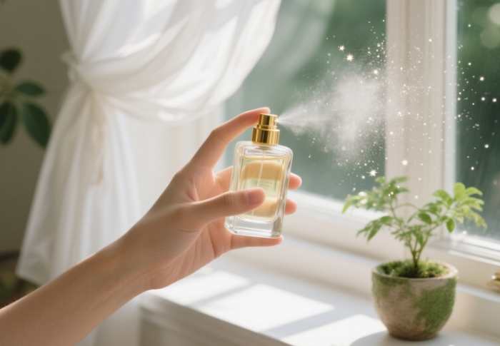 Slow-motion shot of perfume bottle spraying in golden sunlight