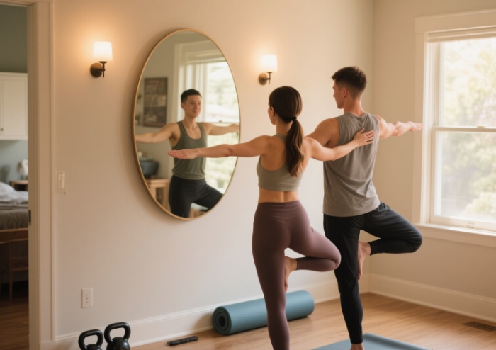 Smart mirror home gym with couples workout programs.