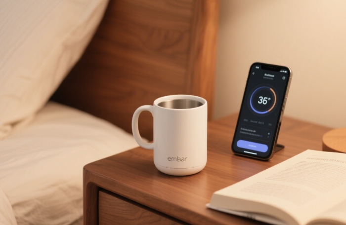 Smart temperature-control mug maintaining coffee warmth on a work desk