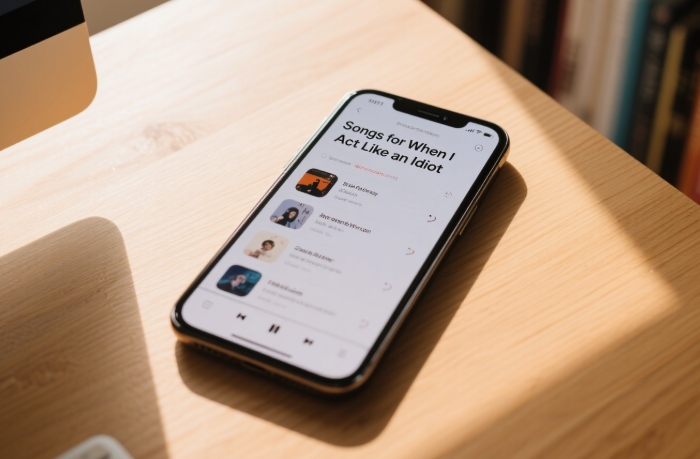 Smartphone screen displaying a personalized apology playlist titled Songs for When I'm an Idiot with visible heartfelt song choices