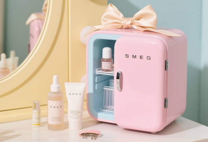 Smeg pastel mini fridge summer gift, luxury skincare storage for girlfriend