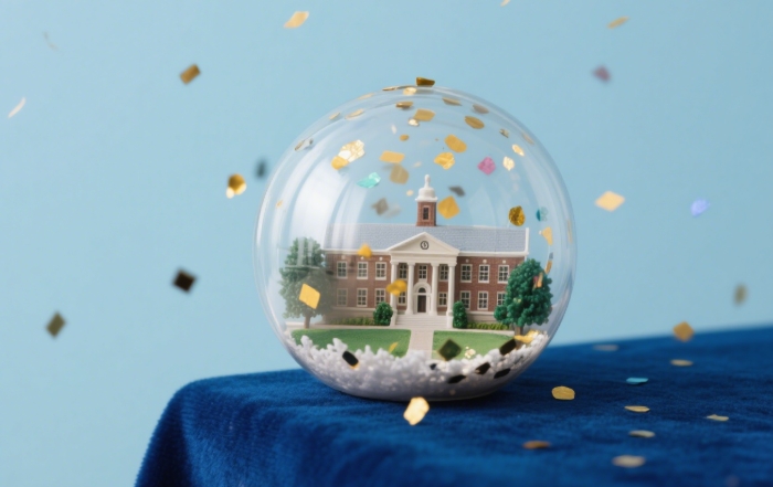 Snow globe with miniature college campus building and gold confetti.