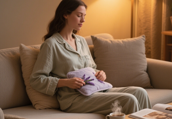 Soft lavender heating pad wrapped around woman's waist at home